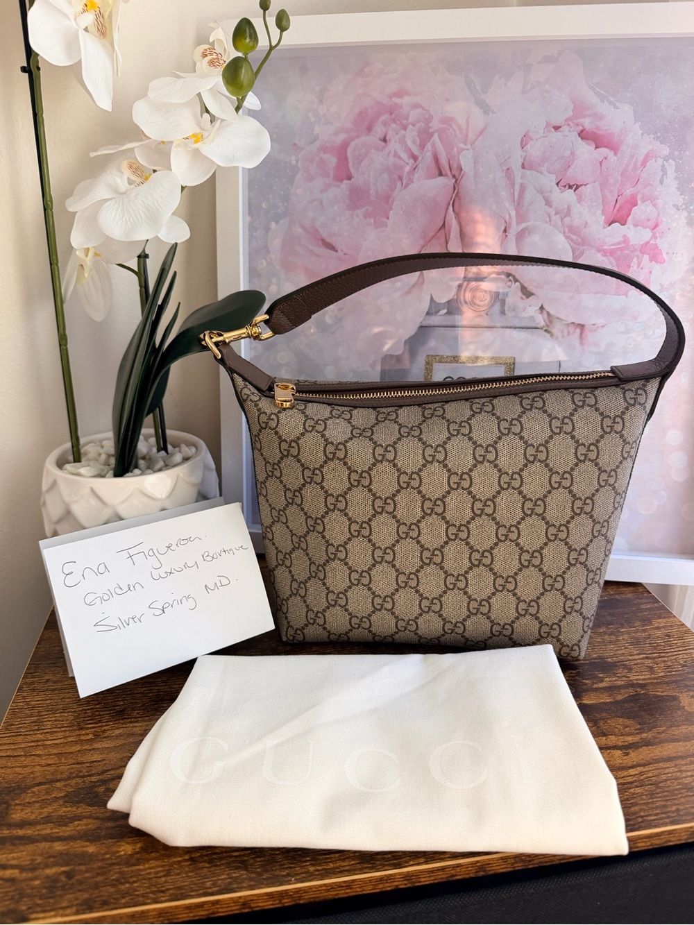 Gucci Brown GG Supreme Canvas Shoulder Bag with Gold Hardware